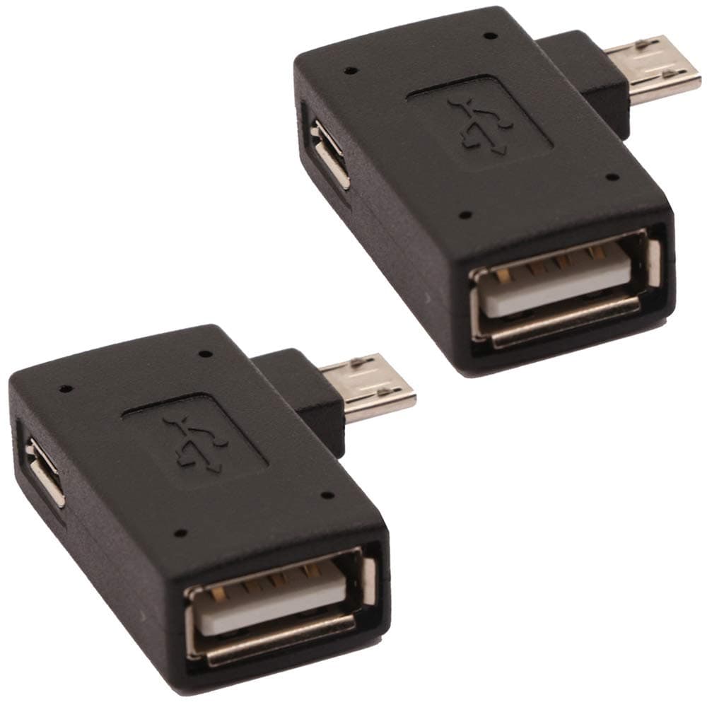 2-in-1 Powered Micro USB to USB OTG Adapter 90 Degree Right Angle Connector for FireStick, S/NES Classic Mini, Sega Genesis and More - 2 Pack