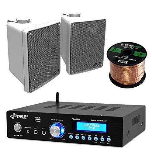 Amp And Speaker Combo Packge: Pyle PDA5BU Bluetooth Radio USB AUX Amplifier Stereo Receiver Bundle With 2x Kicker KB6000W 6.5" Full Range Bookshelf Waterproof Speaker + Enrock 50ft 16g Speaker Wire