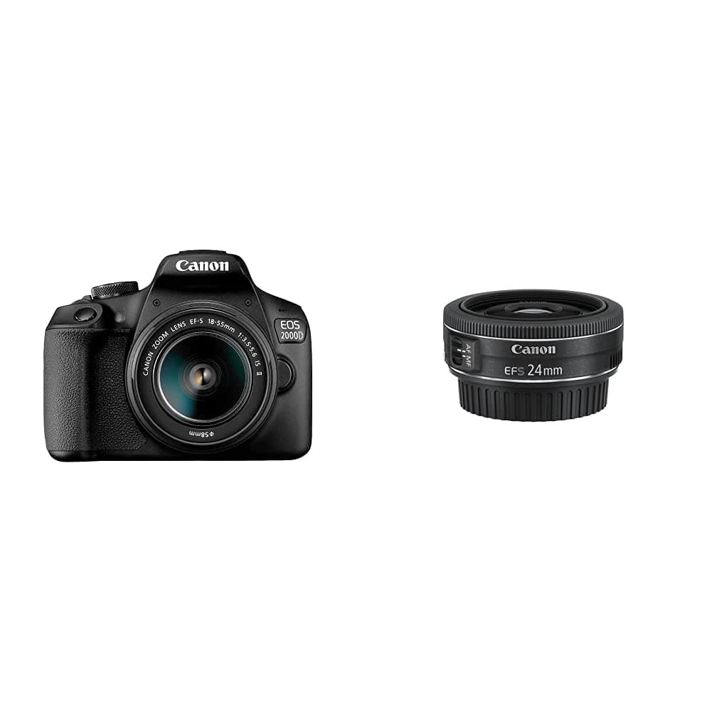 EOS 2000D DSLR Camera and EF-S 18-55 mm f/3.5-5.6 IS II Lens, Black With Canon EF-S 24 mm f/2.8 STM Lens - Black
