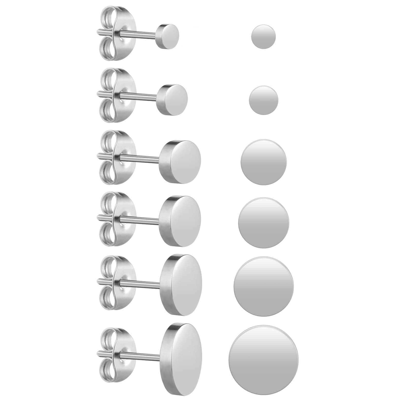 Yolev 6 Pairs Dot Stud Earrings Round Disc Stud Earrings Stainless Steel Ear Studs for Women Men (3 mm-8 mm)