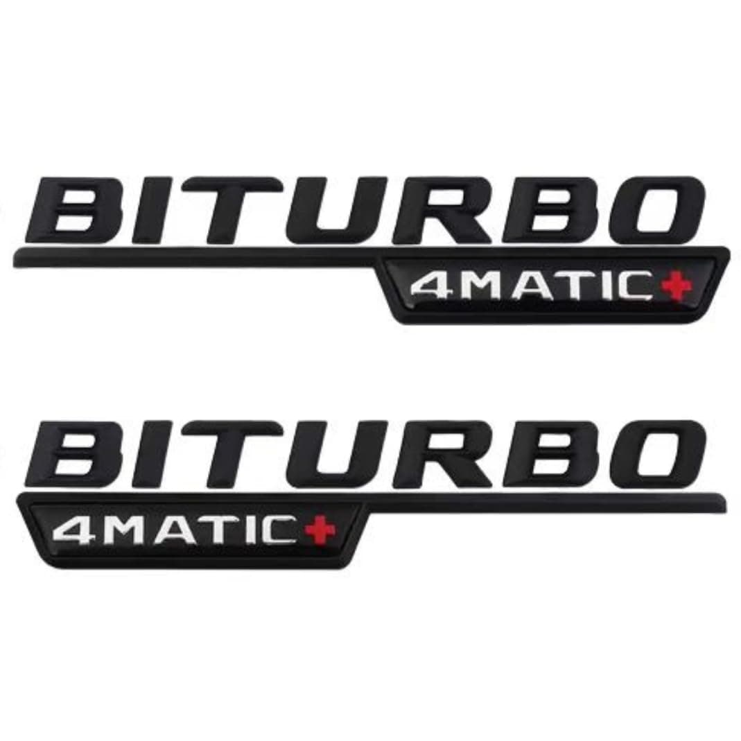 for AMG - 1 Pair Gloss Black Biturbo 4Matic Plus Trunk Fender Letters Badges with Self Adhesive Backing