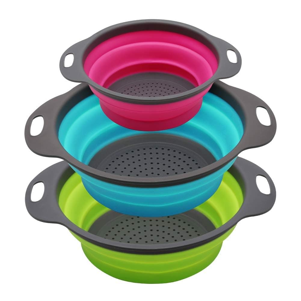 Set of 3 Collapsible Kitchen Colander/Strainer, 4 Quart & 2 Quart Sink Colander, Perfect for Draining Pasta, Vegetable,Fruits (Green,Blue, Purple), Polypropylene
