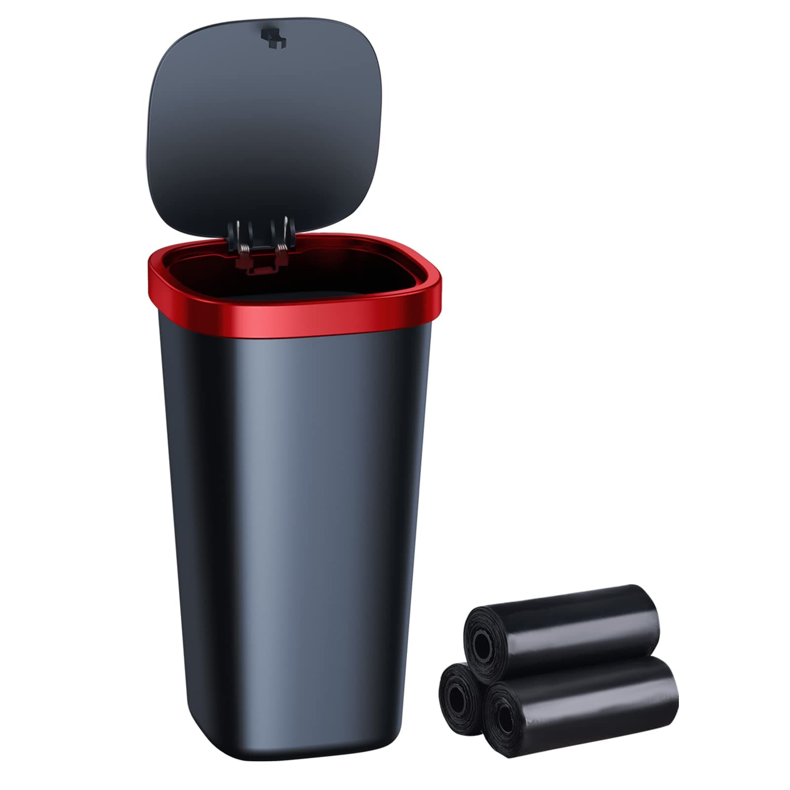 Mini Car Trash Can with Lid, Cup Holder Trash Can for Car with 3 Rolls of Bags, Waterproof Small Car Garbage Can for Cars Home Office Bedrooms-Squere Red