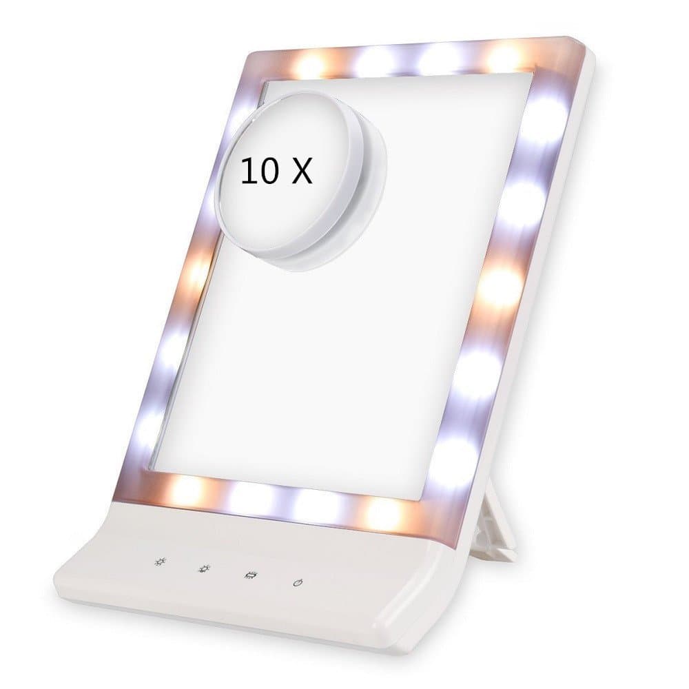 LED Makeup Mirror - Touch Screen 18 LED Cosmetic Vanity Mirror, Powered by USB Cable or ４AA Batteries(Included), on Table or Wall Mounted, with a Removable 10X Magnifying Mini Spot Mirror Sucked on