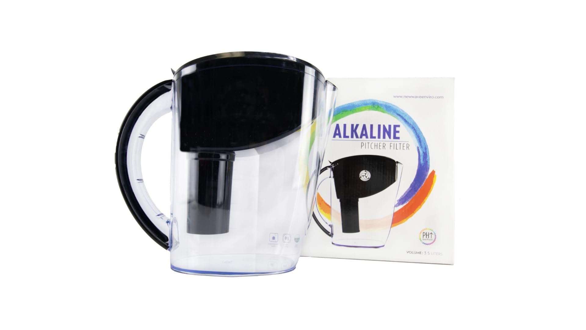 New Wave Enviro Alkaline Water Filter Pitcher, Great for Coffee & Tea, BPA Free Fridge Friendly Design, 3.5 Liter Capacity with Integrated Handle, Black Color
