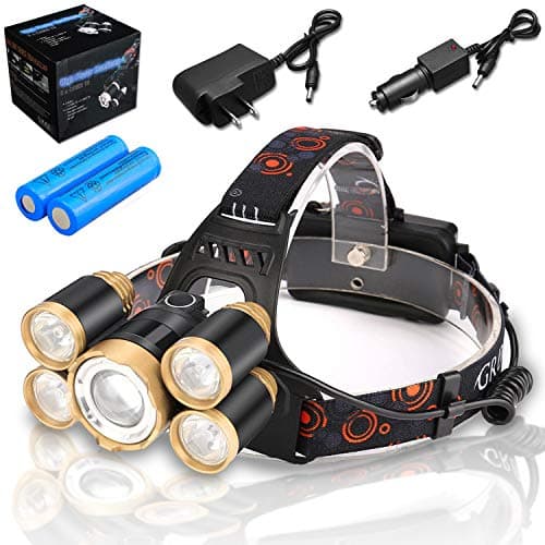 Rechargeable Headlamp Flashlight, MOCCO Waterproof Powerful 5 Led Headlight illumination Super-Bright Head Light Torch with Battery, Charger, Car Charger for Camping, Working (Gold)