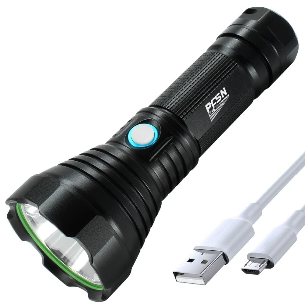 USB Rechargeable Flashlight High Lumens, PFSN Powerful LED Torch with Long Range Throwing, Portable Battery Powered Flash Light with 4 Modes Super Bright Searchlight Best for Outdoor/Home Emergency
