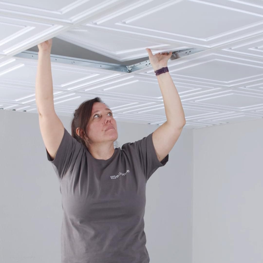 Ceilume Ceiling Tile; 2x2 Ceiling Tiles - Stratford Ultra-Thin Feather-Light - Use in 1" T-Bar Suspended Ceiling Grid - Drop Ceiling Tiles (White)