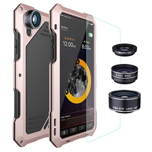 iPhone X Lens Kit Case, SHEROX - 3 in 1 198° Fisheye Lens + 15X Macro Lens + Wide Angle Lens with IP54 Dustproof Shockproof Aluminum Case with Screen Protector for iPhone X iPhone 10 5.8", Rose