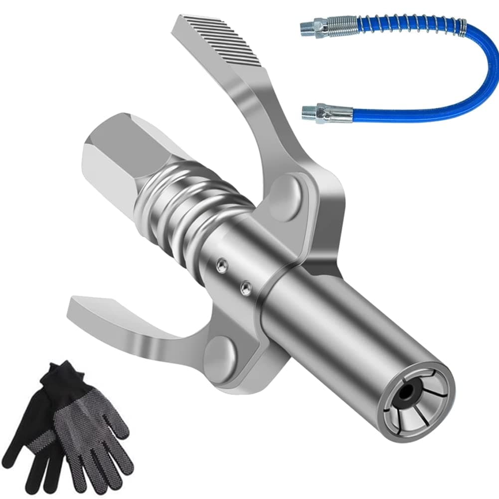 Mocoli G Coupler for Grease Gun, Double Handle Grease Gun Tips for Grease Nipple 1/8 Inch NPT 10,000 PSI, Grease Gun Clutch with All Grease Gun Fittings