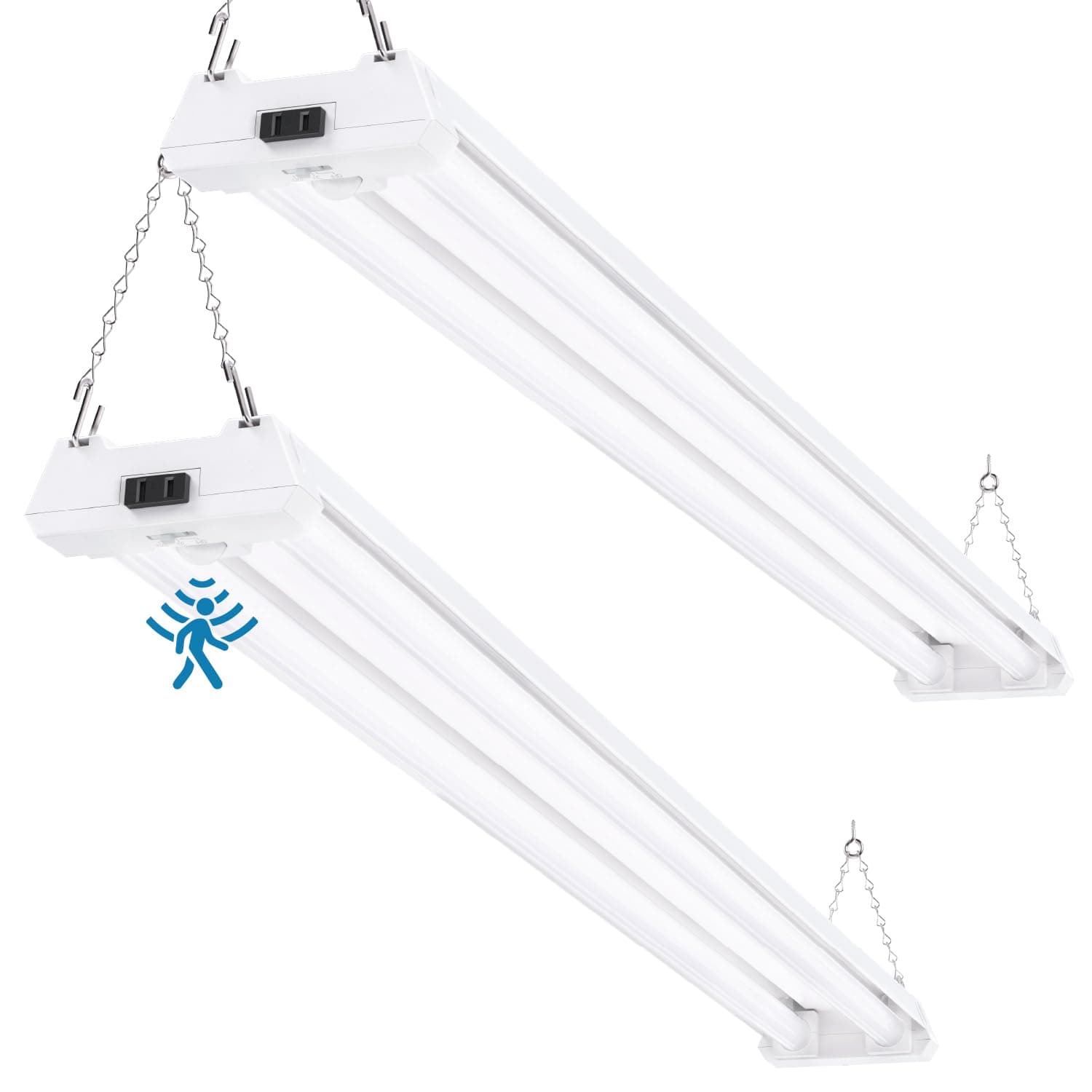 Sunco Motion Sensor 4ft LED Shop Light, Garage Lights Ceiling LED Plug-in Fixtures, 40W, 5000K Daylight, 4300 Lumens, Frosted, Motion Activated, Linkable Suspension Mount, ETL 2 Pack.