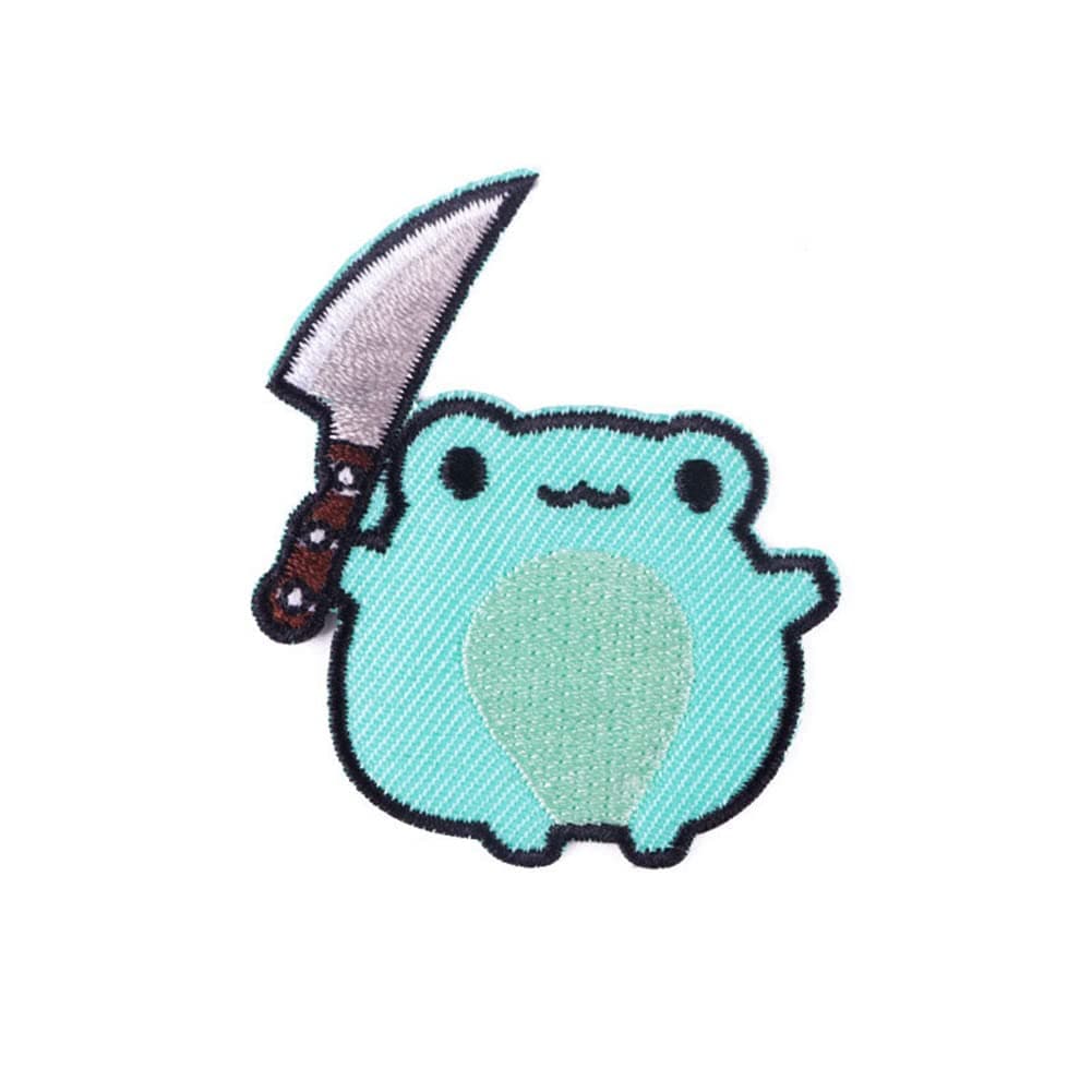 Frog with Knife Embroidered Patch Iron on / Sew on Applique for Clothes, Jackets, Backpacks, Hats, Jeans, DIY Accessories Decoration, green