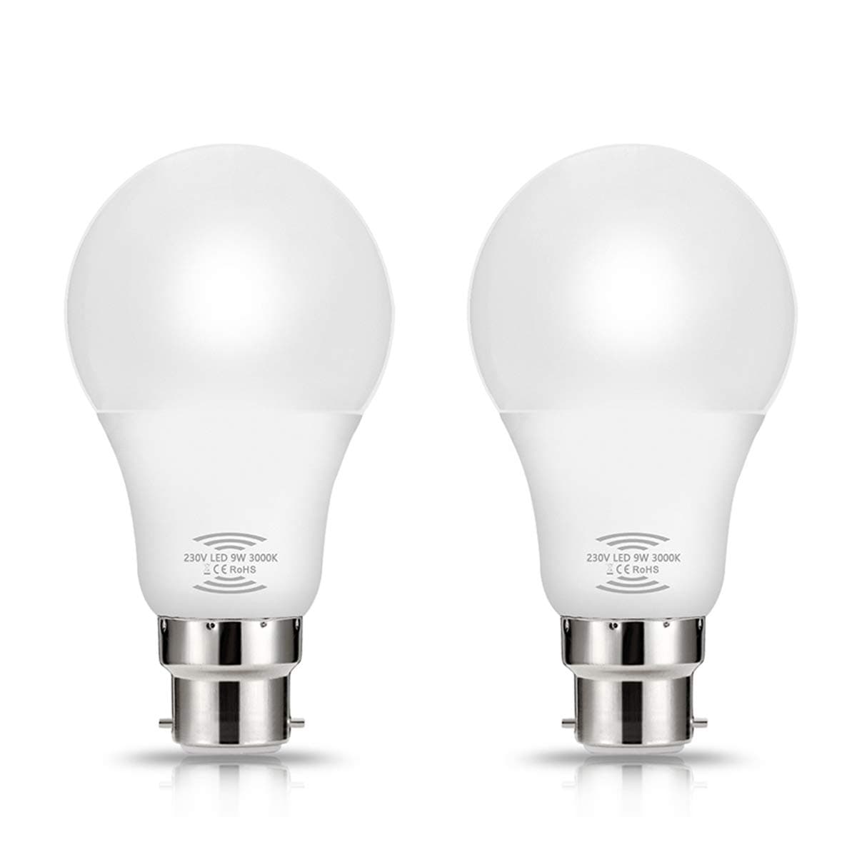 9W Radar Motion Sensor Bulb 2 Pack TECHGOMADE B22 (Warm White 3000K) Dusk Till Dawn with Auto On/Off for Indoor/Outdoor LED Lighting Lamp Bulbs for Porch,Hallway, Attic Home [Energy Class A+]