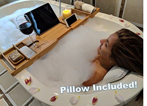 RATINI BATHTUB ESSENTIALS - Includes 2018 Expandable Bamboo Bathtub Caddy Tray + Mildew Resistant Suction Bath Pillow + Magic Tape