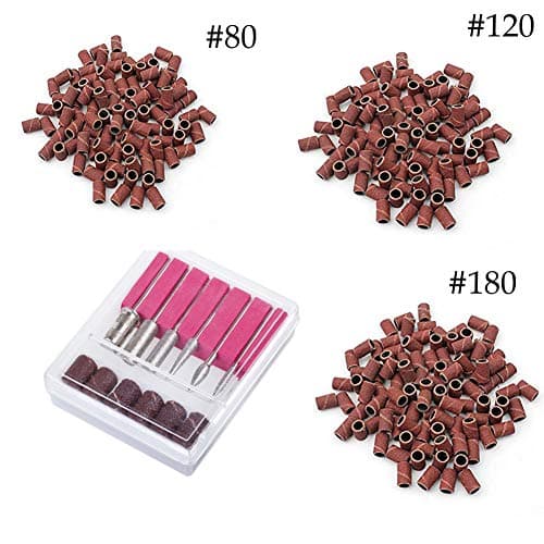Nail Drill Bits Set, 6Pcs Diamond Nail Drill Bit and Nail Sand Bands Portable Professional Manicure Pedicure Acrylic Nail Kit with 50 each #80#120#180 Nail Grit File for Acrylics Gel Nails