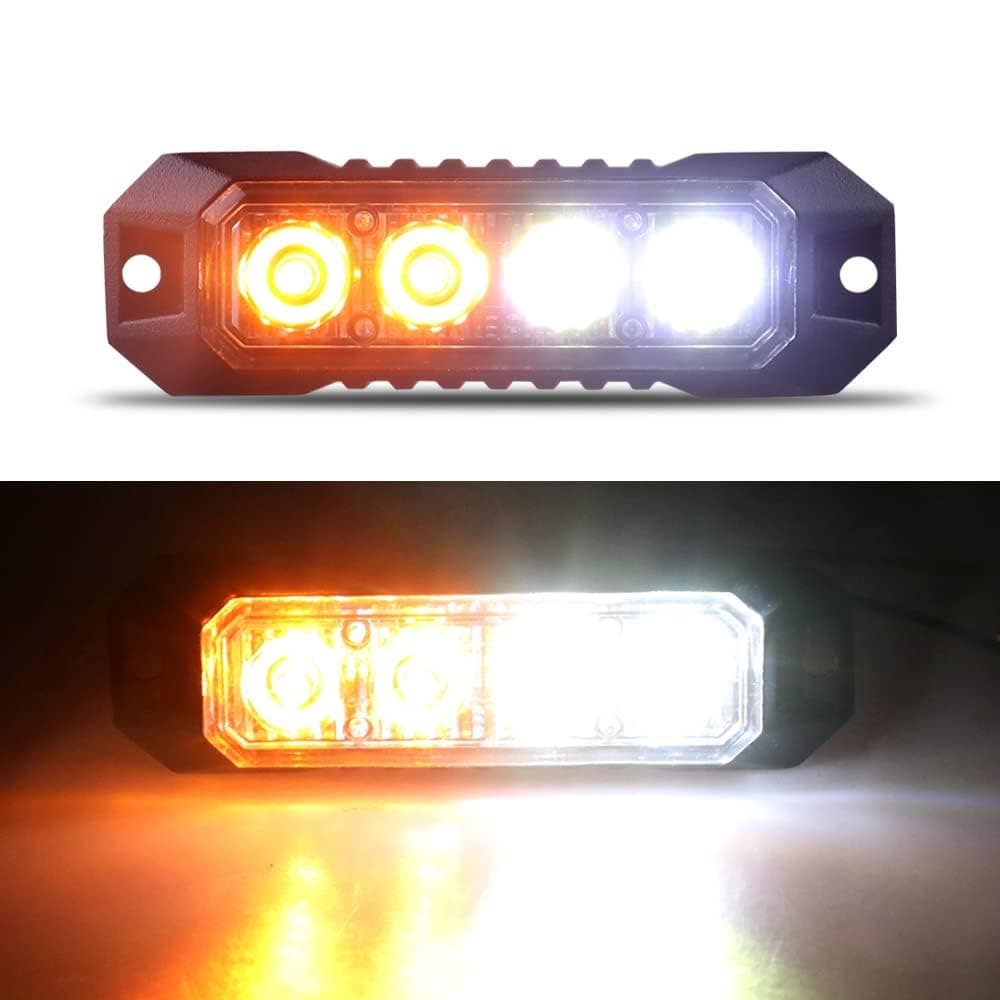 Amber/White LED Grille Strobe Lights Kit, Deck Dash Grill Side Marker Flashing Warning Hazard Police Light for Firefighter Vehicles Van Cars SUV ATV Truck Pickup with Sync Funtion