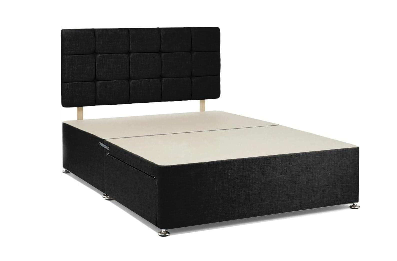 Divan Beds Deals, 5FT King Size Bed Base with 2 Storage Drawers, Beautiful Linen Look Fabric Divan Bed Set, King Size Bed, Bed Base with Cube Headboard (200Lx150Wx30H) (Black)