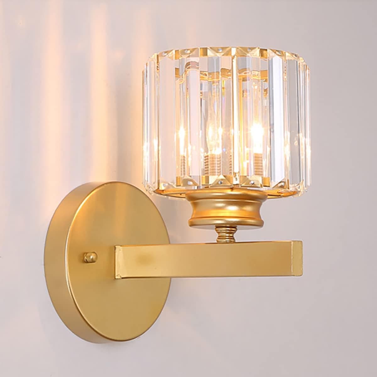 NALACAL Modern Elegance Gold Round Crystal Wall Sconce, Versatile E27 Lamp Holder with Warm color light bulb, Vintage-Inspired Wall Lighting Fixture for Bedrooms, Living Rooms, Corridors, Dining Areas