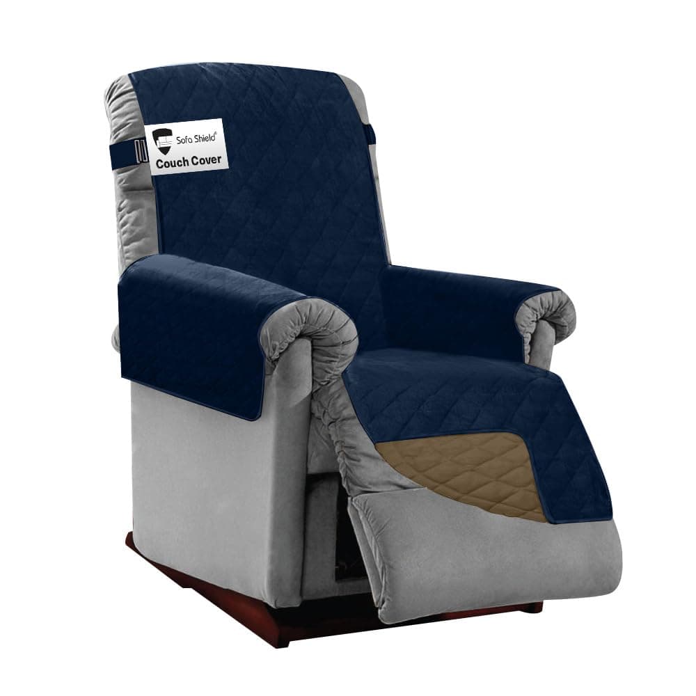 Sofa Shield Recliner Slip Cover with Patented Strap, Cushion Protector, Reversible Stain and Dog Tear Resistant Slipcover, Quilted Microfiber 25in Seat, Washable Covers for Dogs Pets Kids, Navy Sand