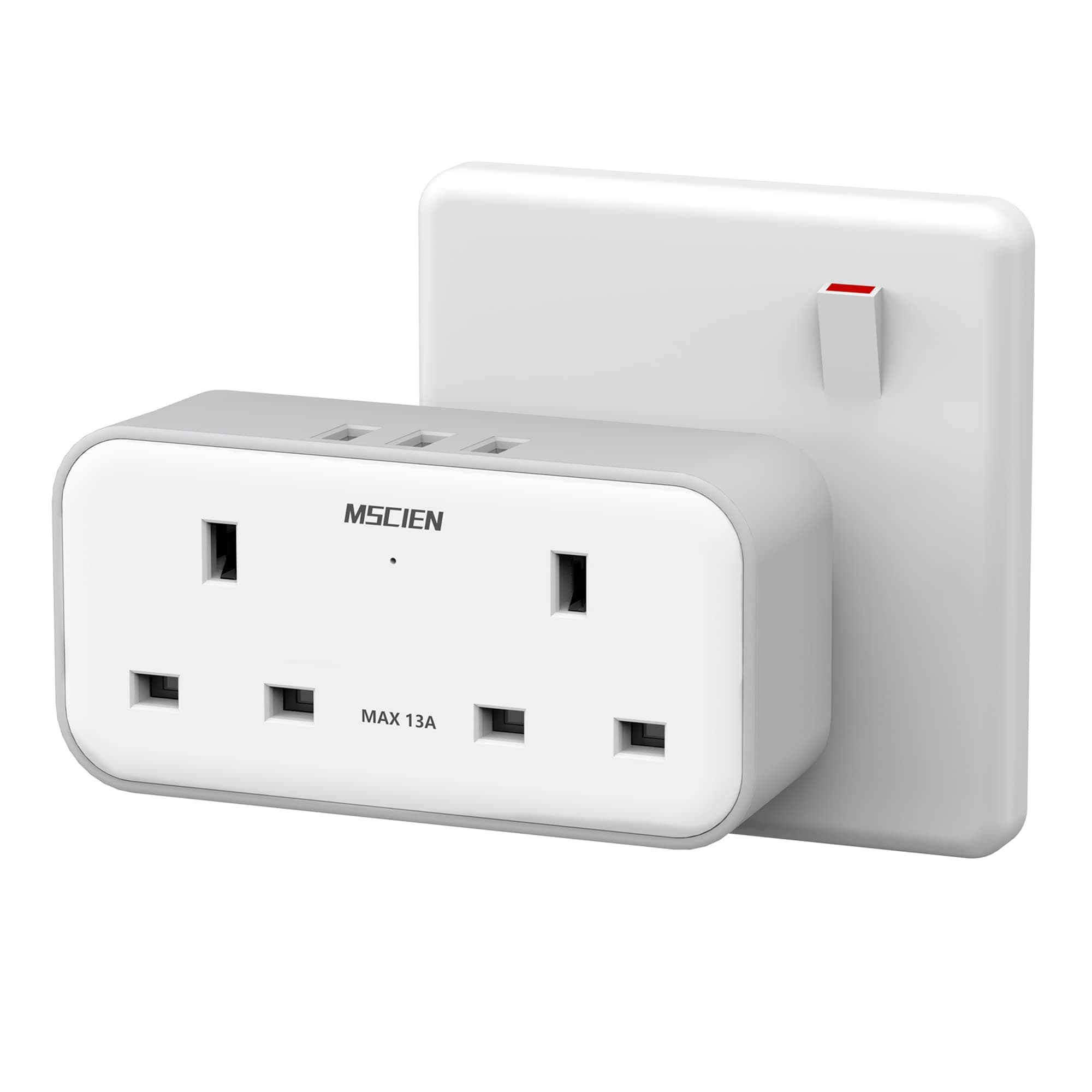 Plug Adapter with 3 USB, Mscien Double Plug Adaptor, Multi Plug Extension, Dual 2 Pin Socket at The Bottom, 13A UK Surge Protected Multiplug Extender, Wall Charger Power Socket for Home Kitchen Office