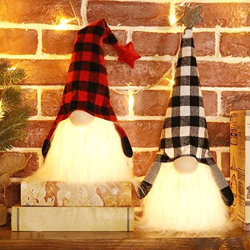 EDLDECCO Christmas Gnome with Light Timer 18 Inches Set of 2 Plaid Buffalo Check Nisse Figurine Plush Swedish Nordic Tomte Scandinavian Elf X'Mas Holiday Party Home Decor Ornaments (Red & Black)