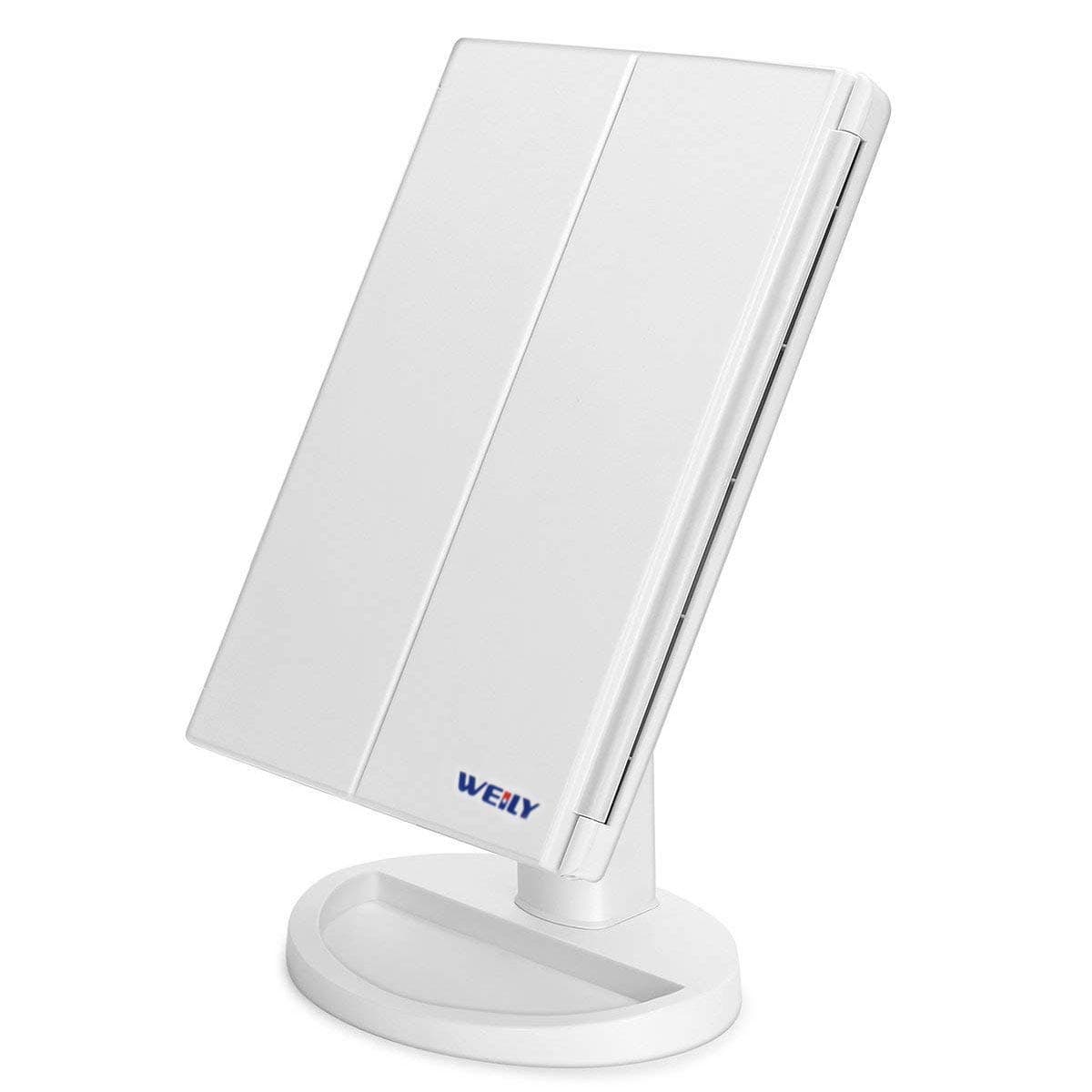 Newest 36 LED Nature Daylight Tri-Fold Lighted Vanity Makeup Mirror with Touch Screen Dimming and 1X/2X/3X Magnification Mirror,Countertop Cosmetic Mirror,180 Degree free Rotation (White))