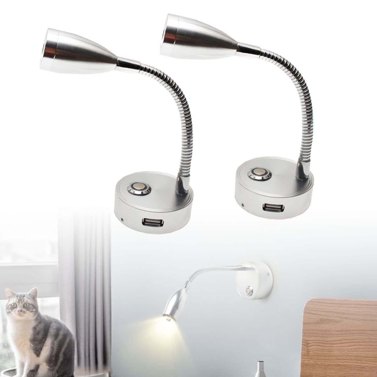 JUTTAUTO 12V LED Spot Reading Light with Push Dimmer Switch & USB Charger RV Interior Lighting Flexible Gooseneck Beside Wall Light for Camper Van Trailer Truck Motorhome (Silver-2pcs)