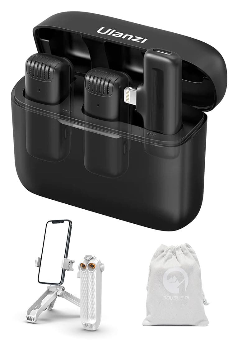 ULANZ I J12 Wireless Microphone for iPhone iPad | 2-in-1 Plug & Play | Charging Case | 7h Battery | For Real Estate Interview YouTube Vlogging | 20m Range | 1-Yr Warranty | Tripod + Pouch + iOS Black