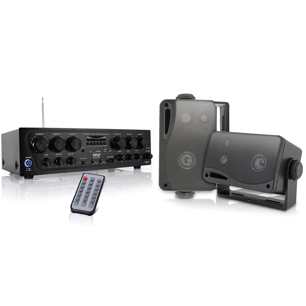 Pyle Wireless Bluetooth Home Audio Amplifier System with 3-Way Mini Box Speakers - Upgraded 6 Channel 750 Watt Sound Power Stereo Receiver w/USB, Micro SD, Headphone,2 Microphone Input w/Echo