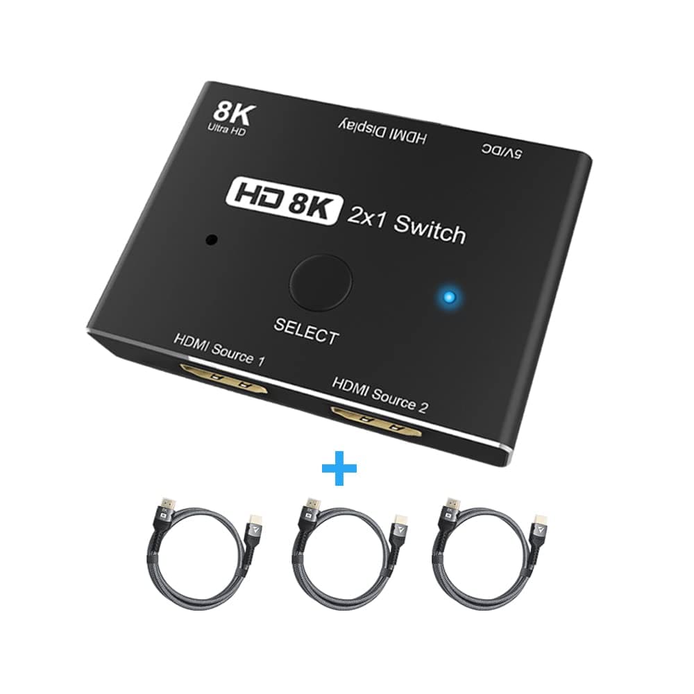 FDBRO8K UHD HDMI Switch 2 In 1 Out High Speed 48Gbps HDMI Splitter Support 8K@60Hz 4K@120Hz for HDTV, Game consoles, Monitors, Laptops, HD video player and etc.(1 switch, 3 HDMI 8K 1m cables)