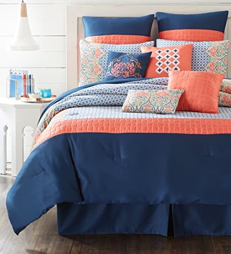 Nanshing DASCHA10-Q Dascha 10 Piece Queen Comforter Set, Navy/Coral/Multicolor