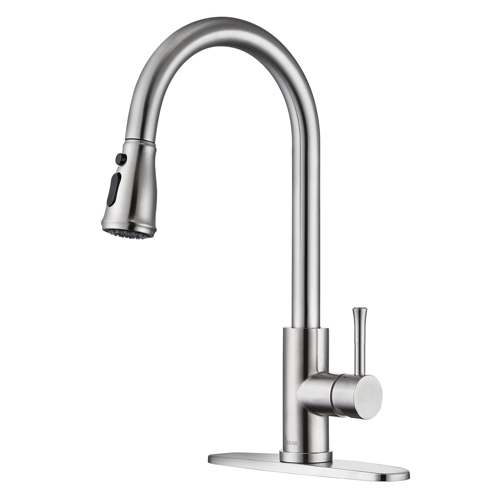 GUUKAR Kitchen Sink Faucet Brushed Nickel with Pull Down Sprayer Stainless Steel Single Handle Modern Kitchen Faucet with Deck Plate for Single Hole & 3 Hole Kitchen Sink