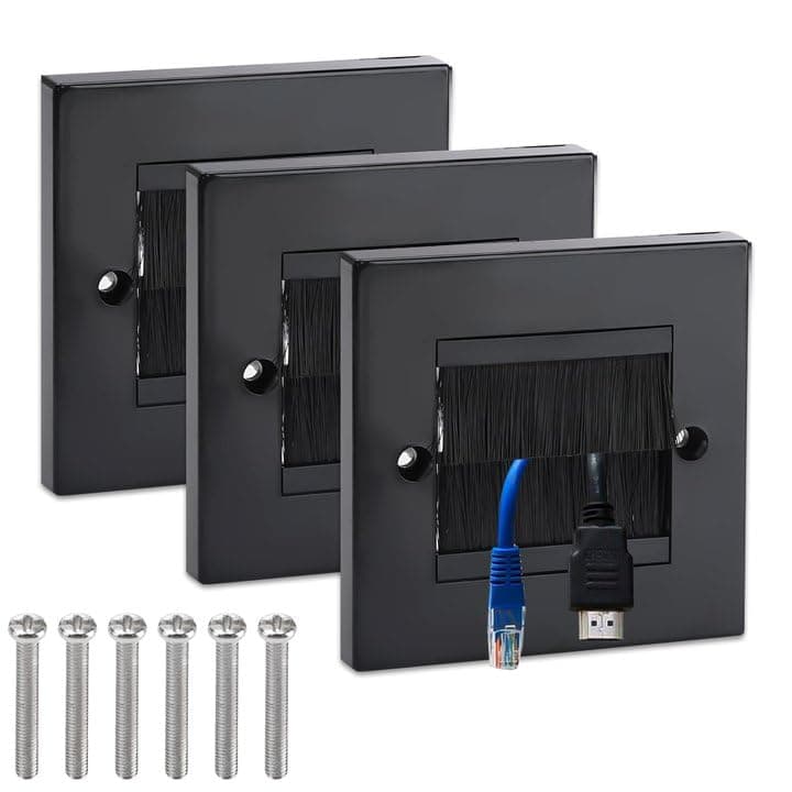 ADERTOS 3 PCS Brush Wall Plate Cable Passthrough Wall Outlet, Wall Mounted Brush Faceplate, Single Gang Cable Access Strap, Tidy Cable Pass Through Insert, Standard Black Wallplate with Black Brushes