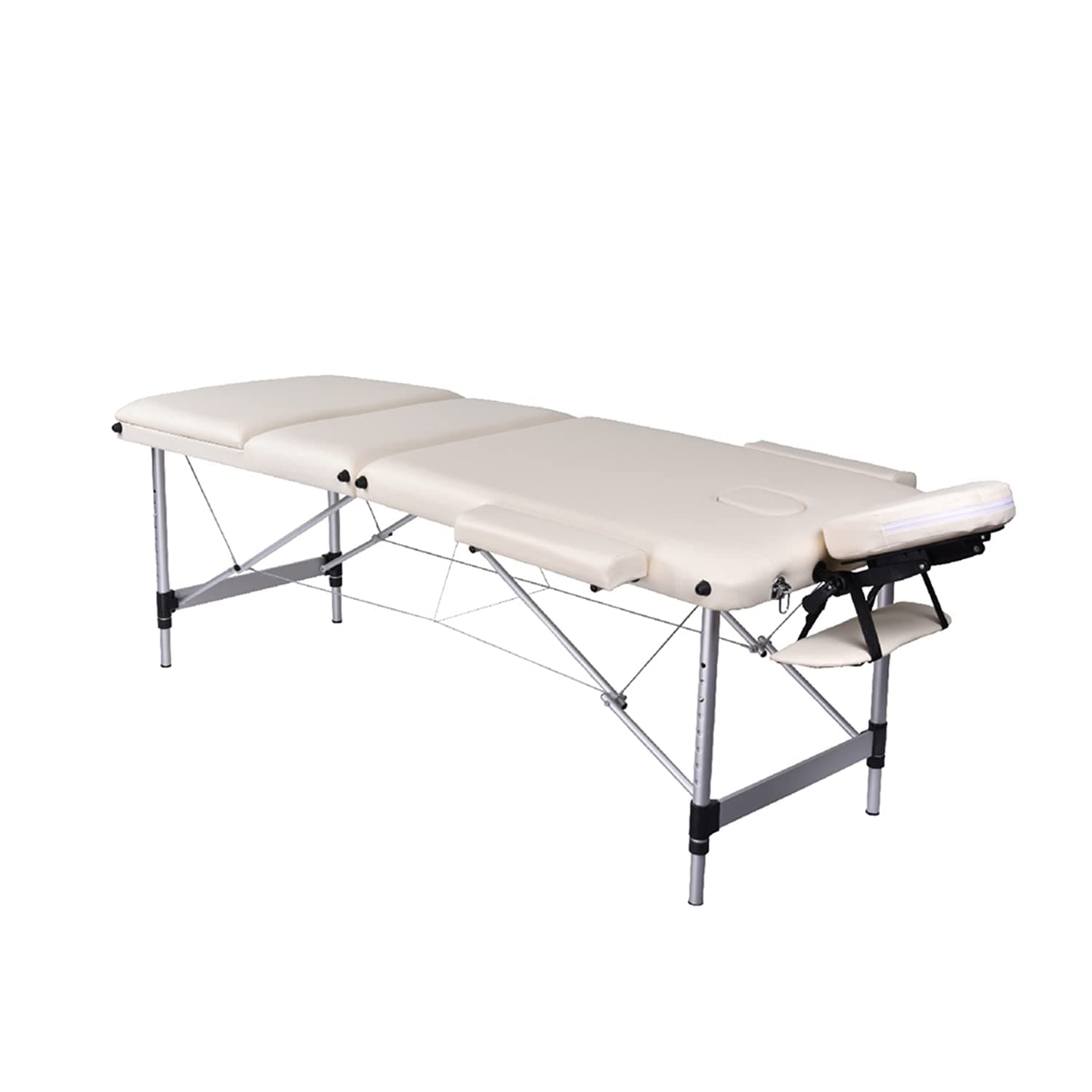 MC Star Folding 3 Section Aluminium Massage Table Portable Height Adjustable Professional Lightweight Massage Bed Beauty Treatment Couch Free Armrest Headrest Carrying Bag（White）