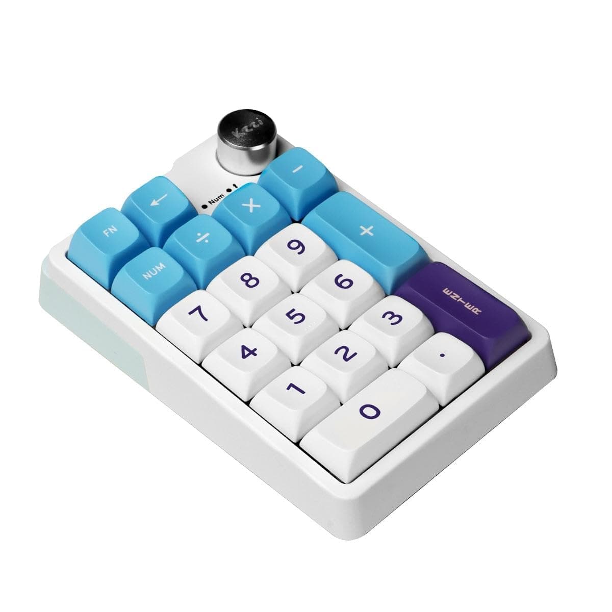 KZZI K20 Wireless Mechanical Number Pad – Rechargeable Tri-Mode Numeric Keypad (Bluetooth/2.4G/USB-C), RGB Backlight, Aluminum Knob & Hot-Swappable – White Blue