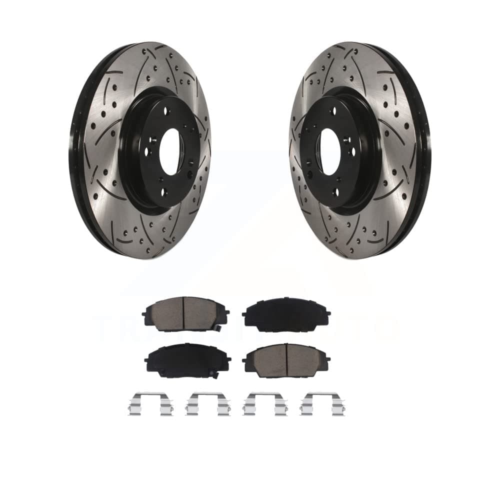 Transit Auto - Front Coated Drilled Slotted Disc Brake Rotors And Ceramic Pads Kit For Honda Civic Acura RSX CSX KDC-100149