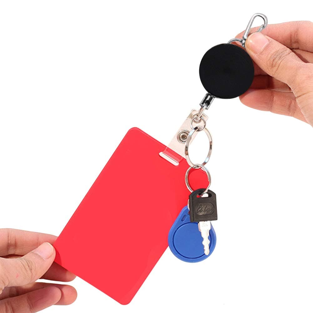 Retractable Keyring, 2 Pack Strong Heavy Duty Key Chain with ID Card Badge Strap, Steel Belt Clips and 23.6in Extending Steel Lanyard Reel, Durable Black Key Ring