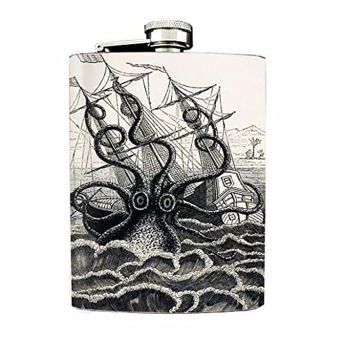 Octopus Design 02 Kraken Attaking A Ship Flask 8oz Stainless Steel