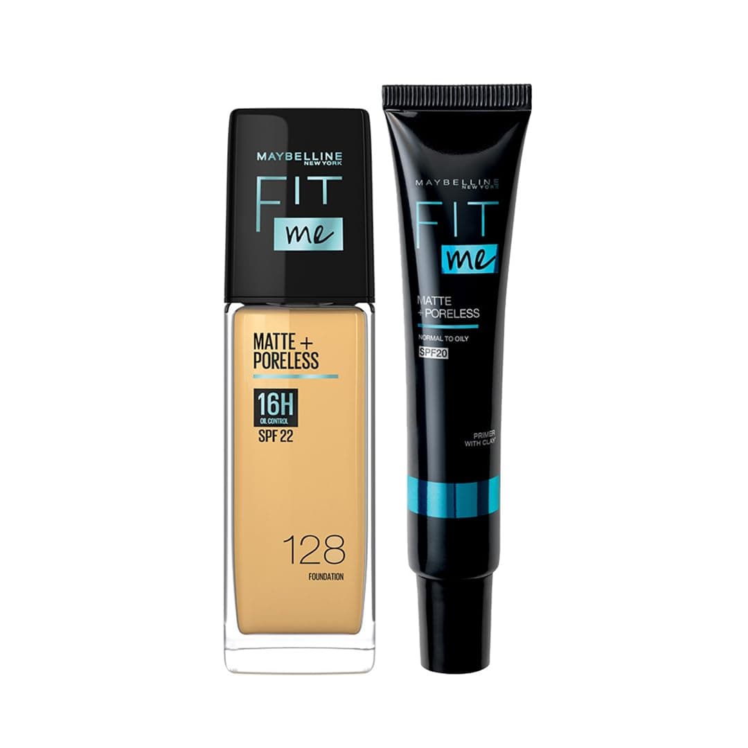 New York 16 HR Matte Base Duo, Prep + Blend Makeup Combo, Fit Me Foundation 128 (30ml)+ Fit Me Matte + Poreless Primer (30ml)