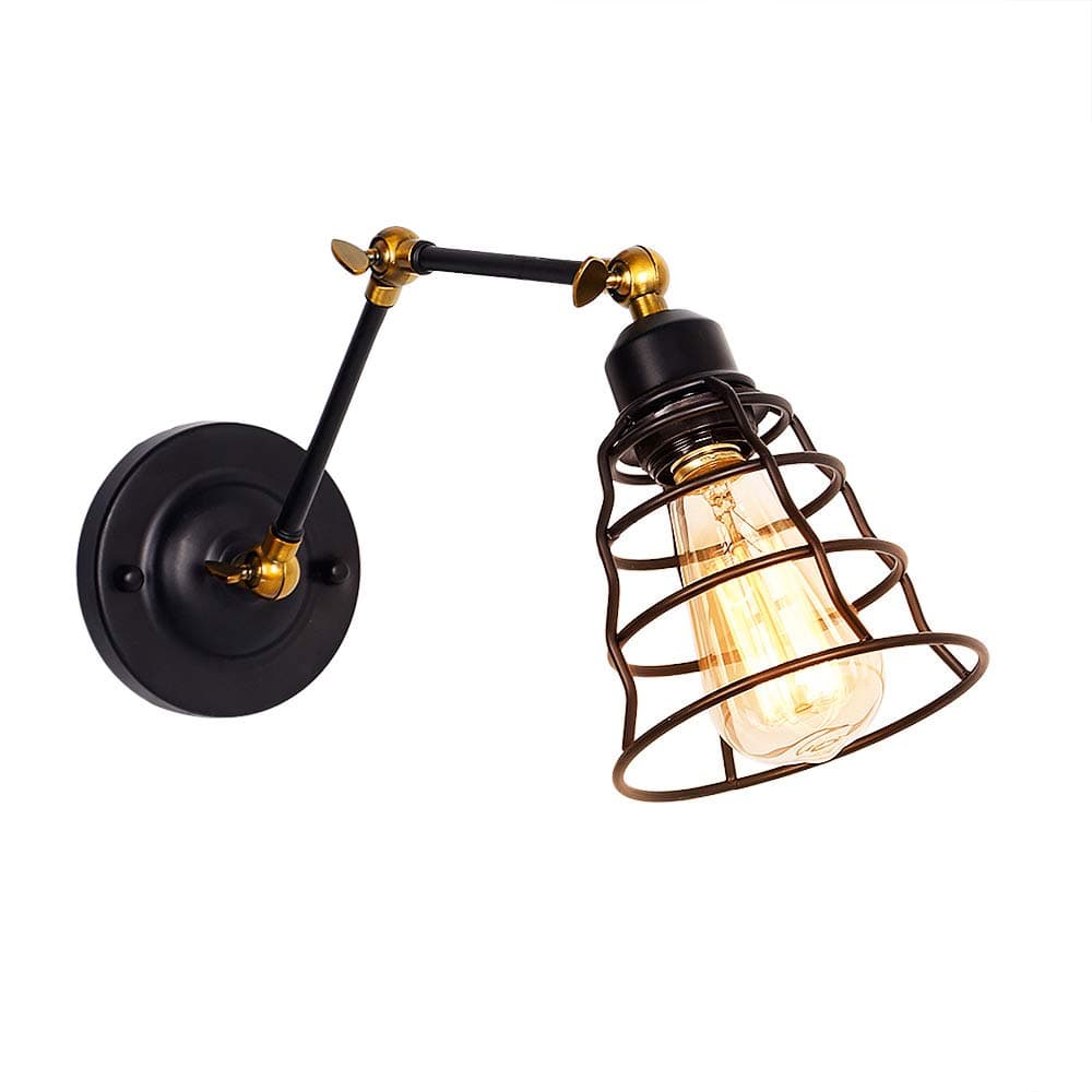 Anmytek Metal Wall Sconce Lighting Adjustable Swing Wall Light with Iron Net Shade Oil Black Finished Industrial Vintage Style Simplicity Edison Wall Lamp or Wall Light Fixtures (W0031)