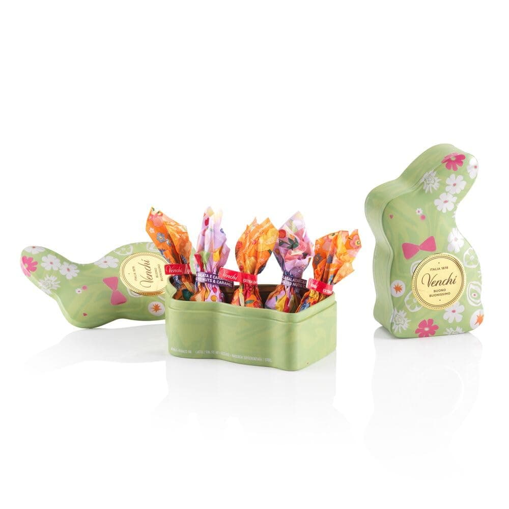 VenchiGreen Rabbit Shaped Tin with 6 Chocolate Eggs, Assorted Flavours with "Piedmont Hazelnut", Gluten-Free, 2.32 oz, Gift Idea for Mother's Day