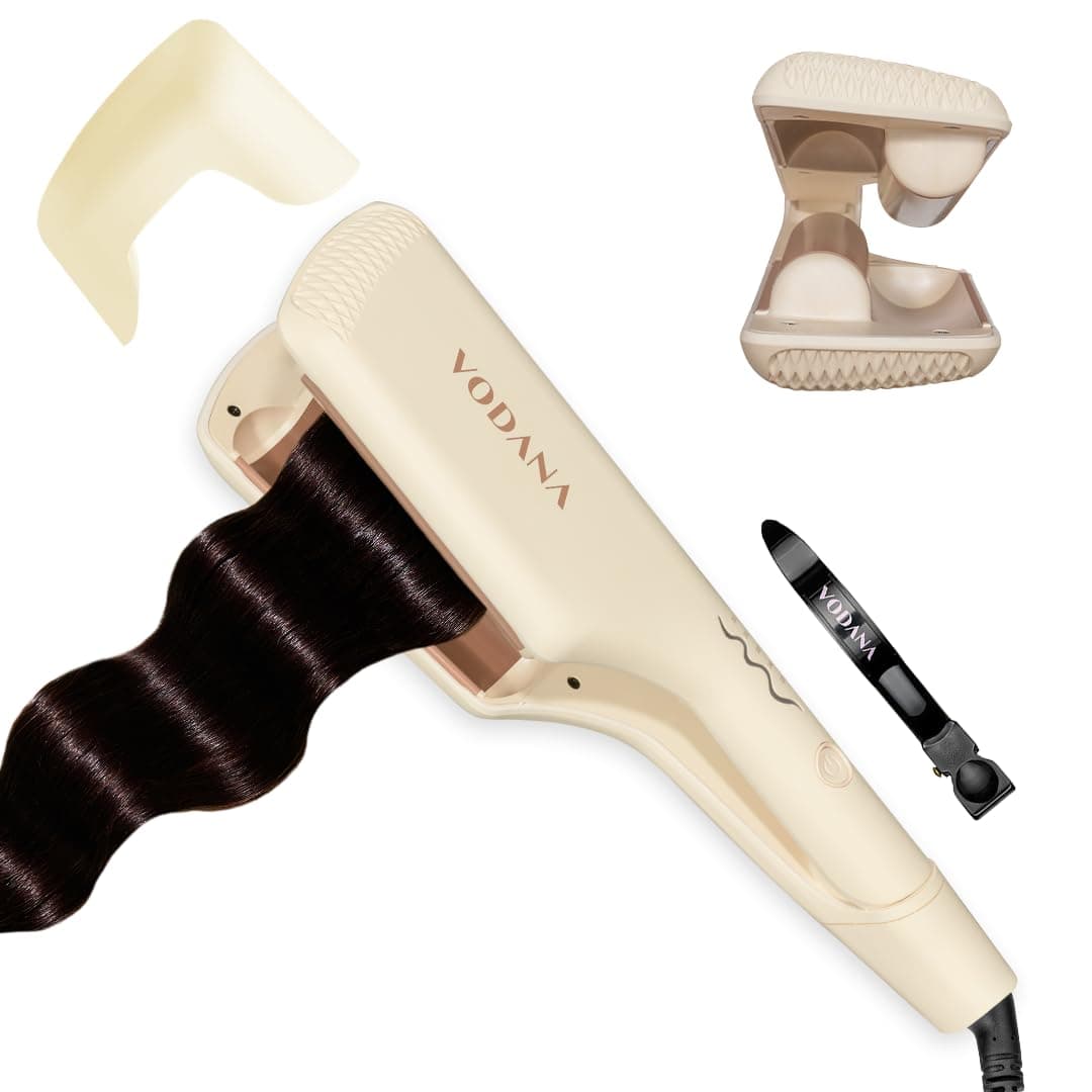 Professional Triple Flow Ceramic Hair Waver - Easy Beach Waves with Embedded Double Barrel Wave Iron. Experience Instant Heat, Long-Lasting Performance, and Quick Heat Up. (1.25 inch, Brown)