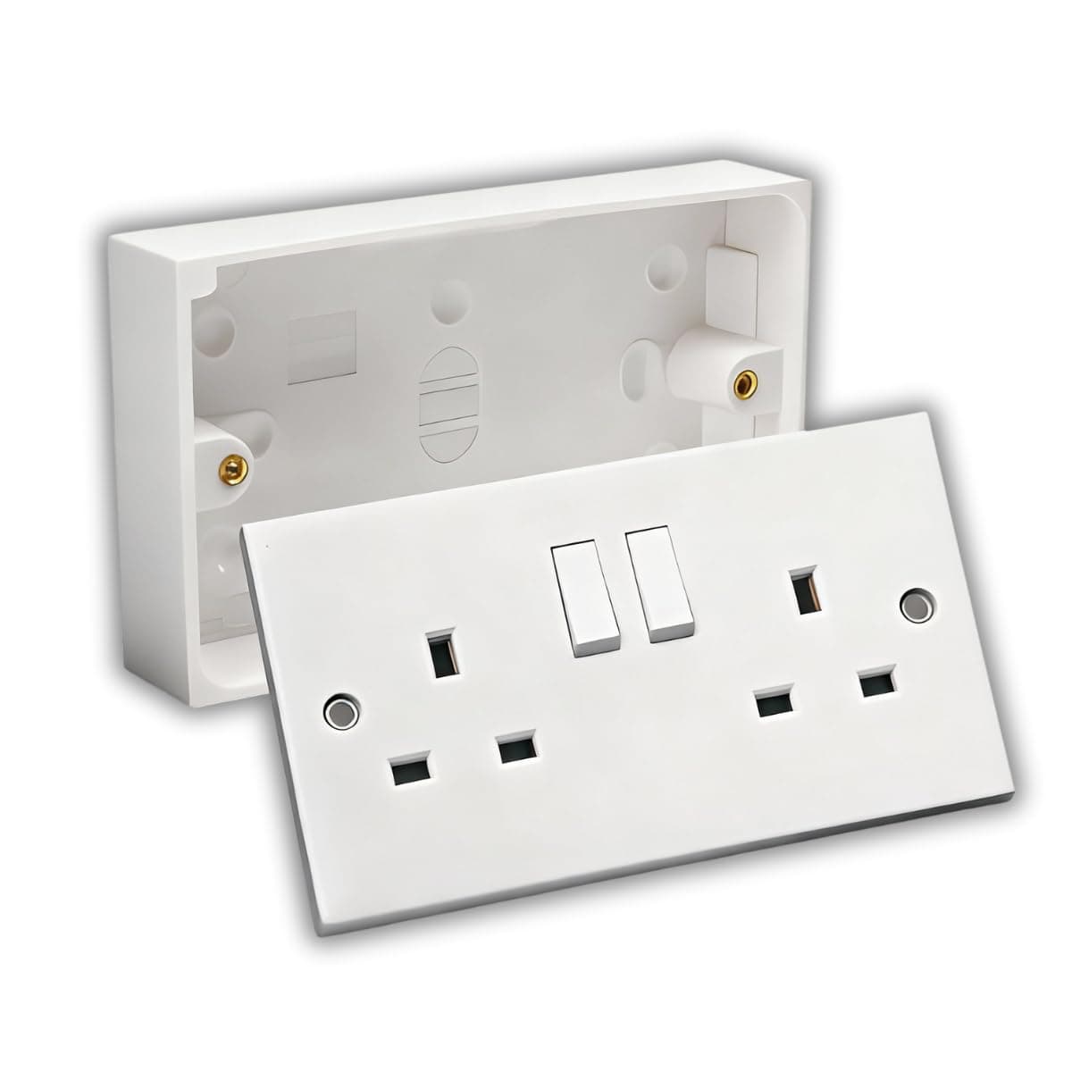 NANDEYIBI Double Wall Socket & Back Box Pattress. Twin 2 Gang Switched Plug Electrical WHITE 5806165