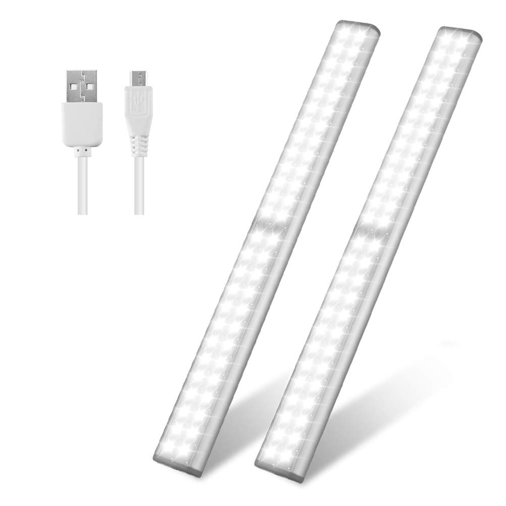 Led Closet Light, USB Rechargeable 52-LED Under-Cabinet Lighting, Motion Sensor Activated Night Light with Magnetic Strip for Closet, Cabinet, Wardrobe (White 2pack)