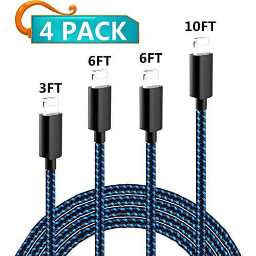QuupTen iPhone Charger, Mfi Certified iPhone Cable 4 Pack [3/6/10Ft] Extra Long Nylon Braided USB Charging&Syncing Cord Compatible with iPhone Xs Max/XS/XR/7/7Plus/X/8/8Plus/6S/Plus/SE