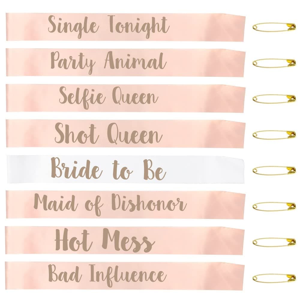 Team Bride Sash Set - White Bride to Be and Team Bride Sashes for Bachelorette Party Supplies With Shiny Rose-Gold Font (Pink Set)