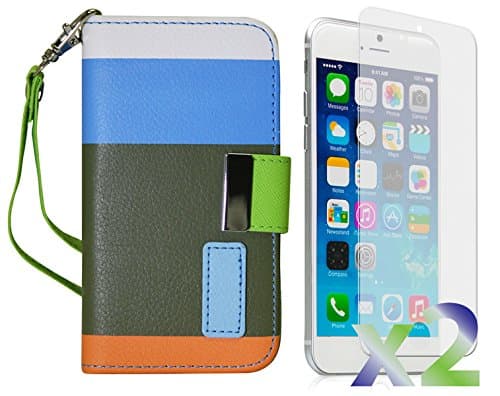 Exian Apple iPhone 6 Screen Guards x2 and Multi-Colour Wallet Case Blue/Green/Orange