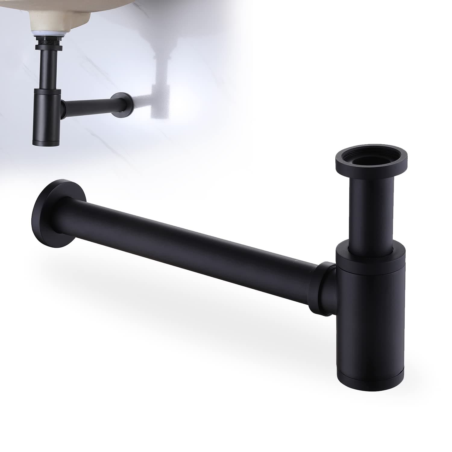 Round Bottle P-Trap 1 1/4 Adjustable Bathroom Sink Sink Waste Trap Bathroom Bottle Kit P Trap Waste Tube, Matte Black