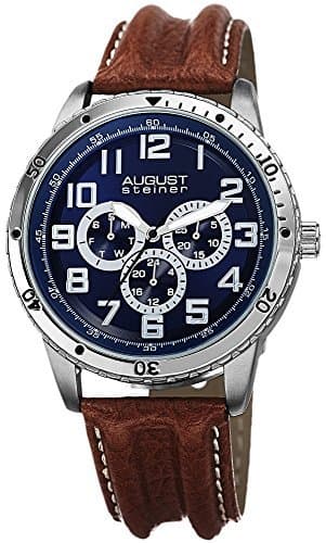 August Steiner Men's Multifunction Watch - 3 Subdials Day, Date and GMT, Luminescent Hands On Genuine Leather Strap - AS8116