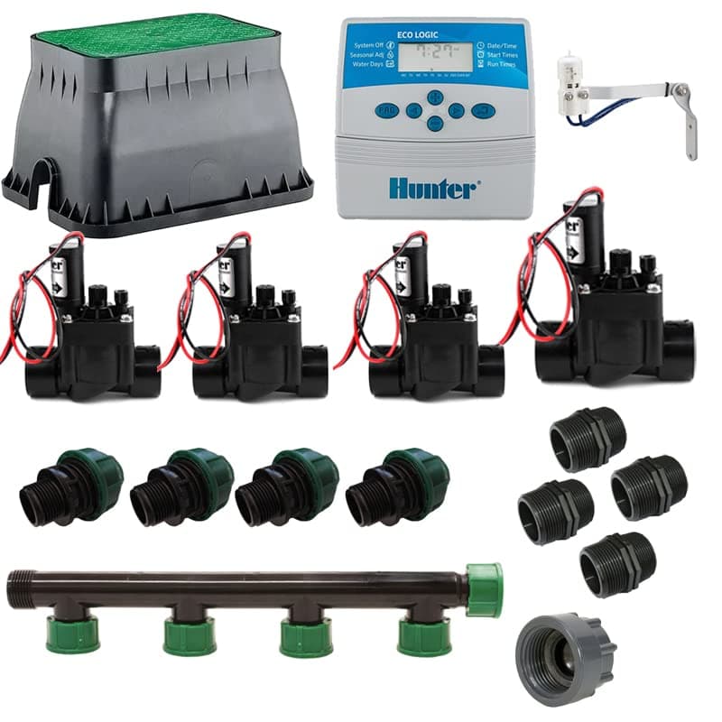 Complete irrigation kit 24V with Eco Logic Hunter 4-station electric programmer for precise and efficient irrigation system